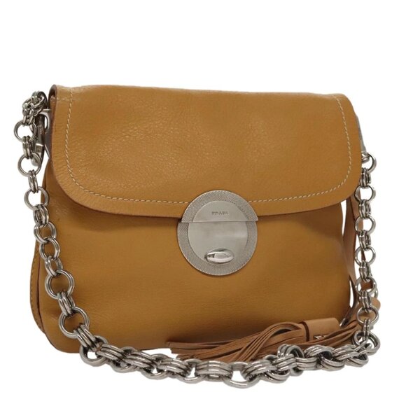 PRADA Chain Shoulder Bag Leather Beige Silver Auth 103084V - Picture 1 of 15
